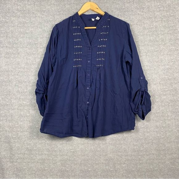 St. Johns Bay Womens Blue Button Long Sleeve V Neck Decorative Button Down XL - Picture 1 of 11